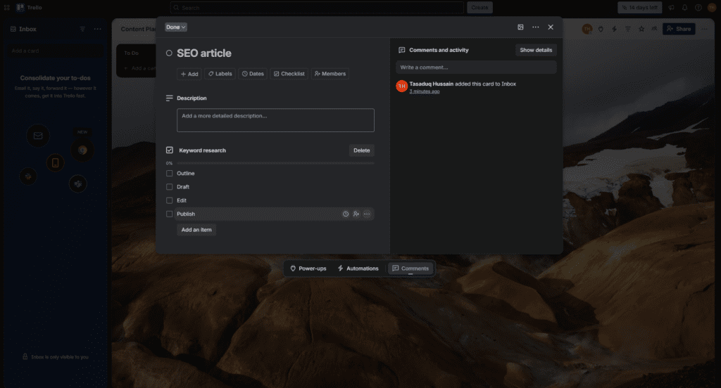 Trello AI generating subtasks for SEO article creation