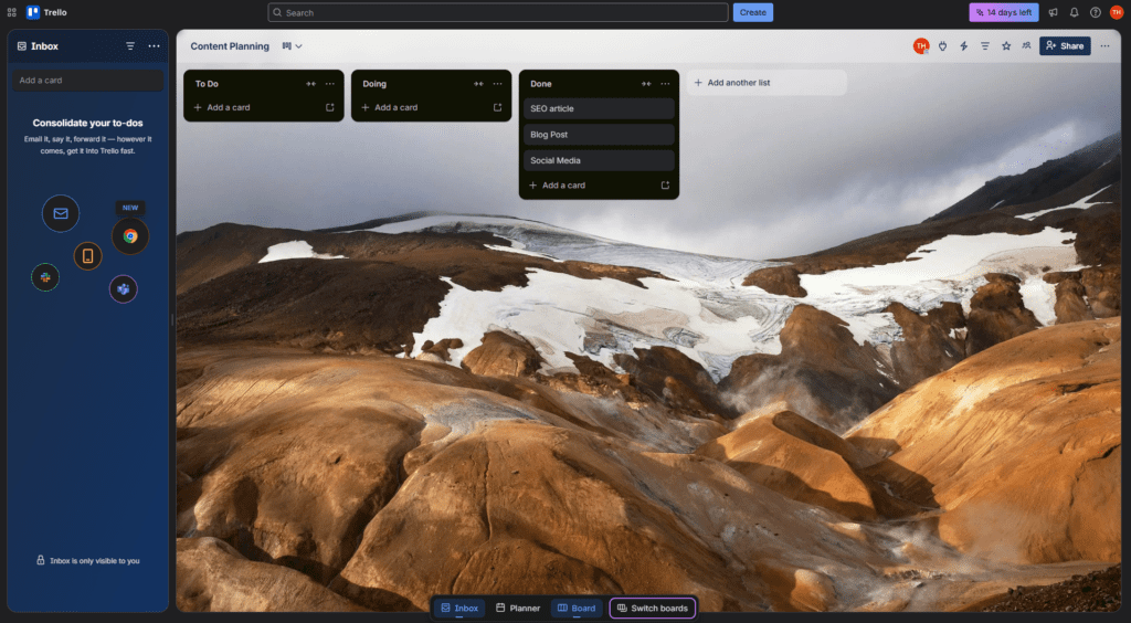 Trello AI visual Kanban board for content planning
