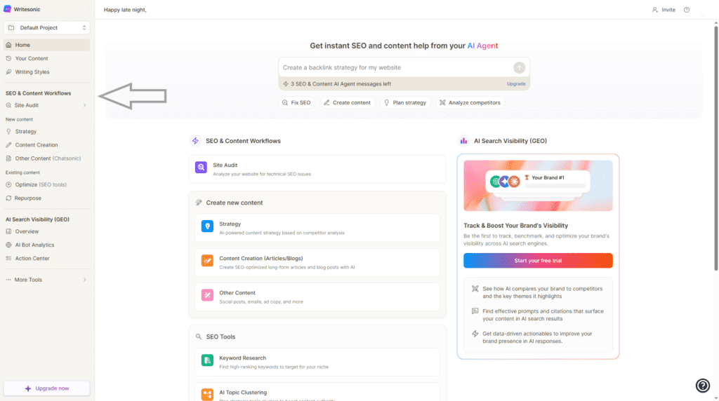 writesonic ai writer dashboard with prompt input 2026