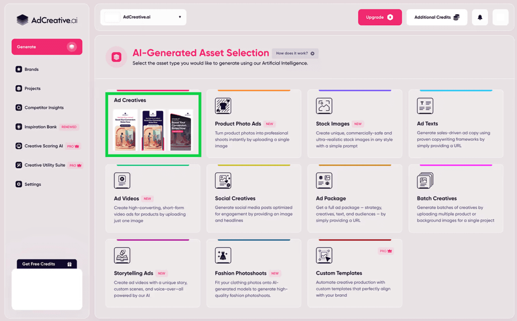 AdCreative AI creative generation interface with multiple variants