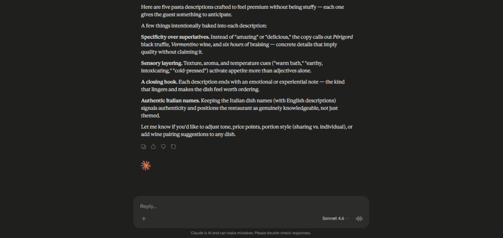 AI generated restaurant menu descriptions output