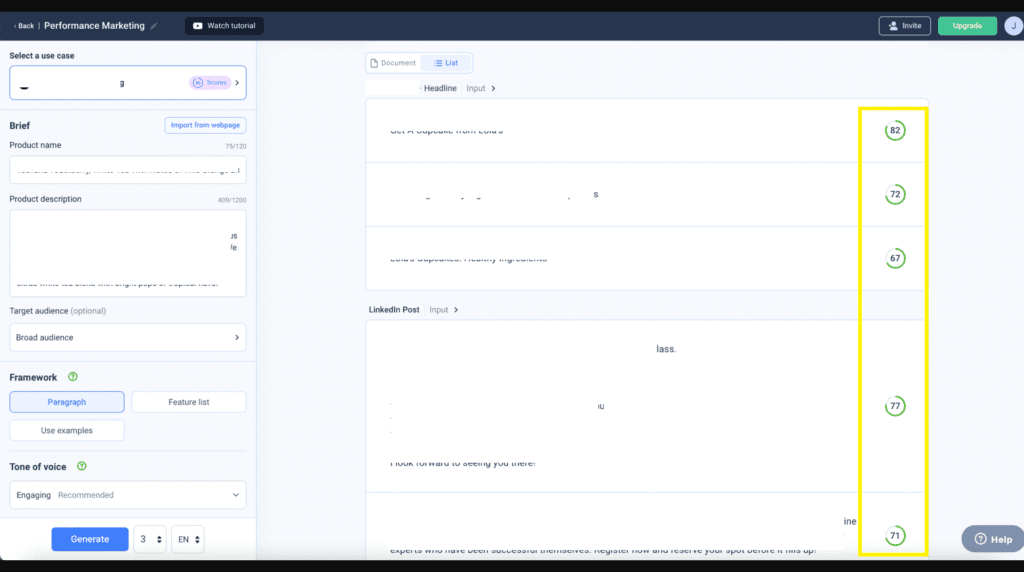 Anyword AI product description generator showing performance prediction score