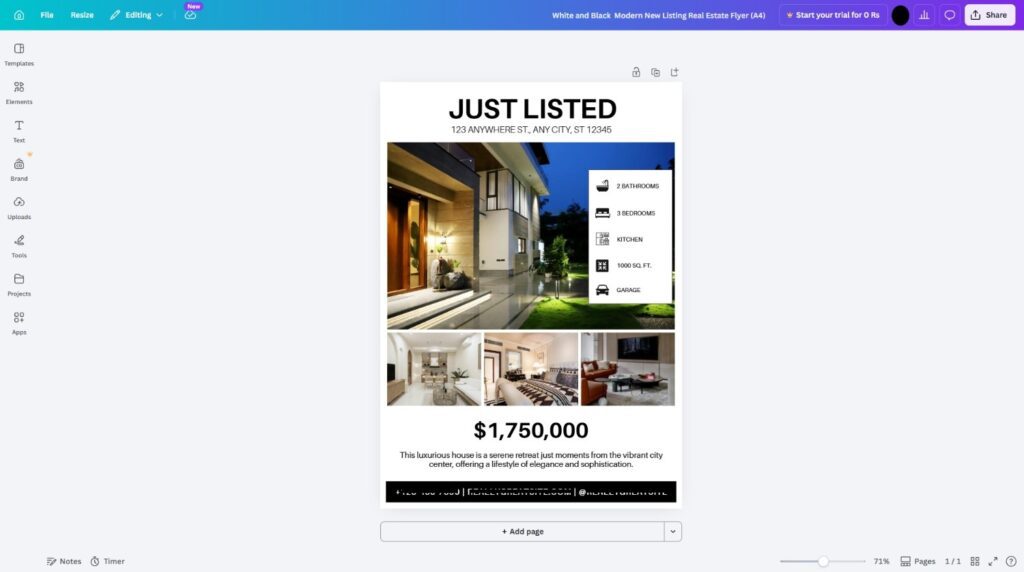 Canva editor with real estate listing template