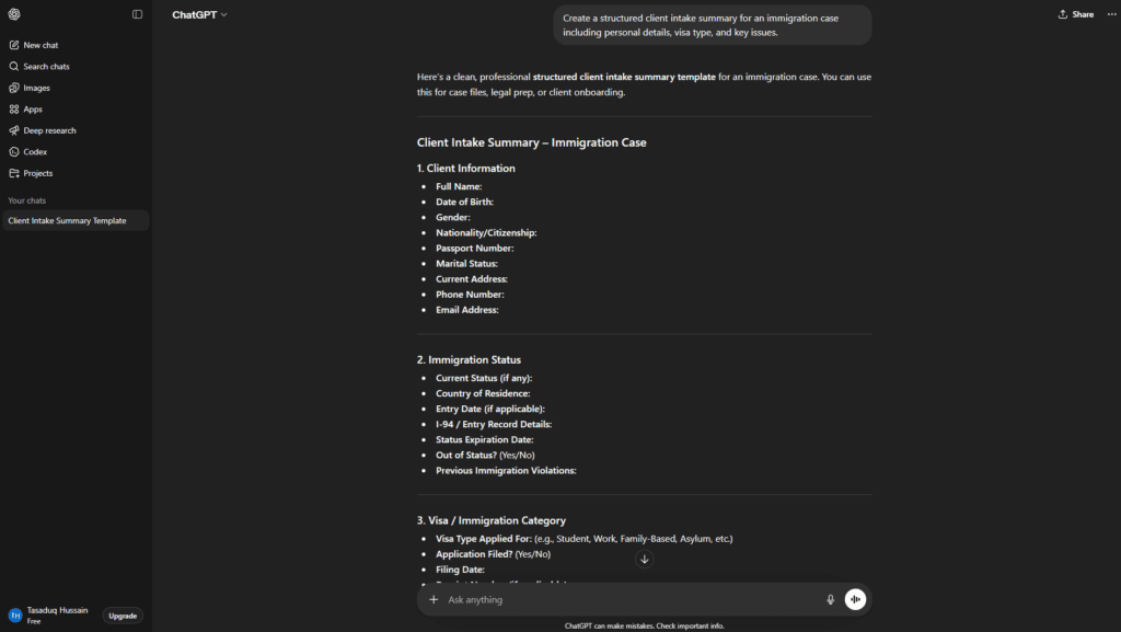 ChatGPT generated structured client intake summary