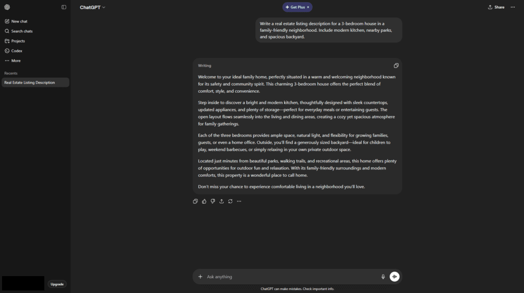 AI-generated property listing description output