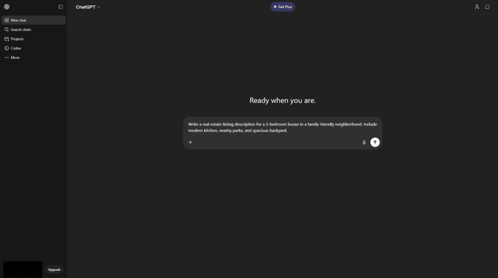 ChatGPT interface with real estate listing prompt
