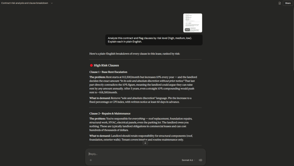 Claude AI flagged contract clauses organized by risk level