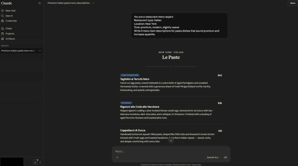 AI menu generation using Claude with restaurant prompt
