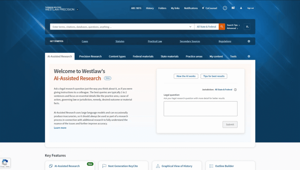 CoCounsel legal research interface with cited results