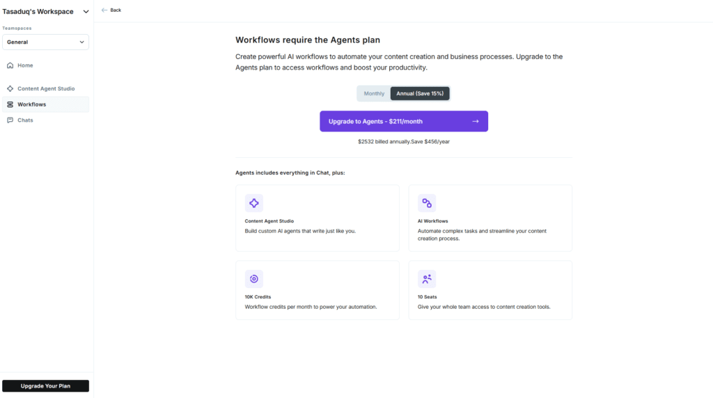 Copy AI workflows builder showing campaign pipeline setup