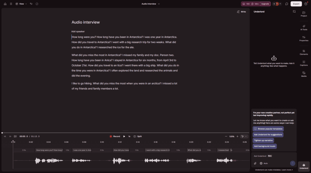 Descript transcription interface with legal audio