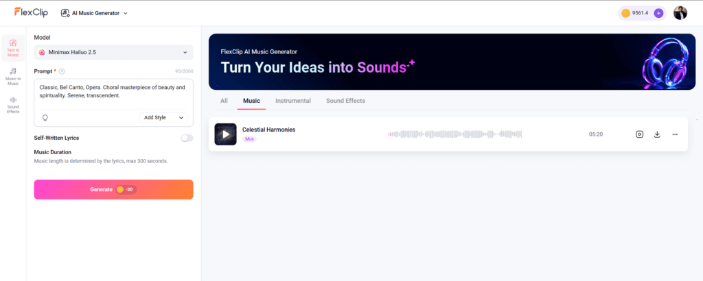 AI audio generator in FlexClip with mood and tempo selection options