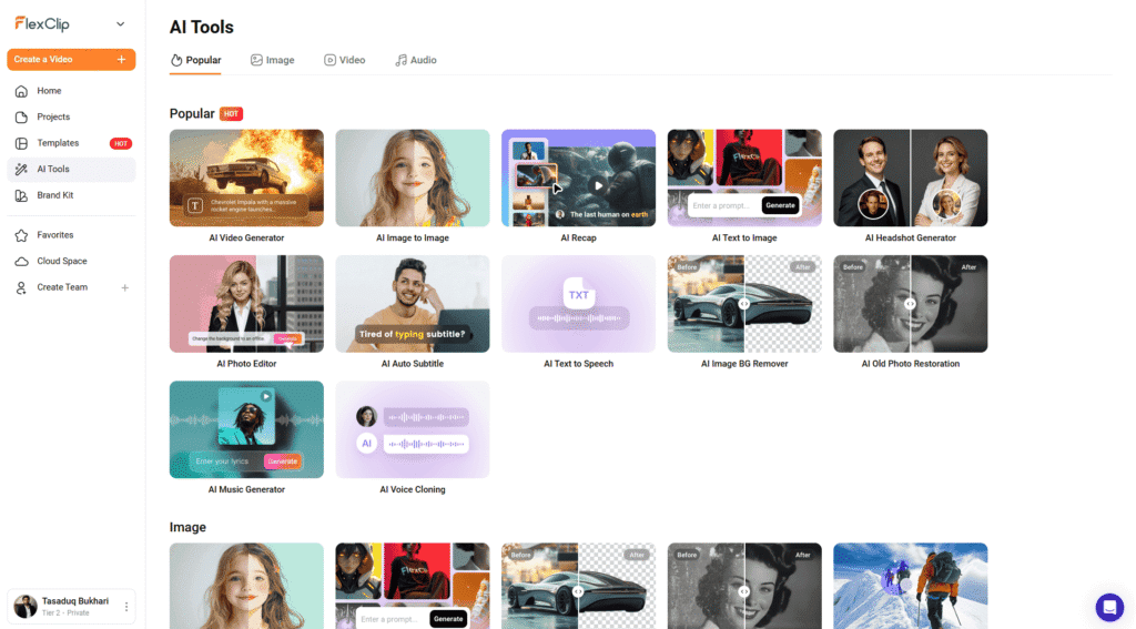 FlexClip AI tools menu showing text to video, subtitle generator, voiceover, and thumbnail maker