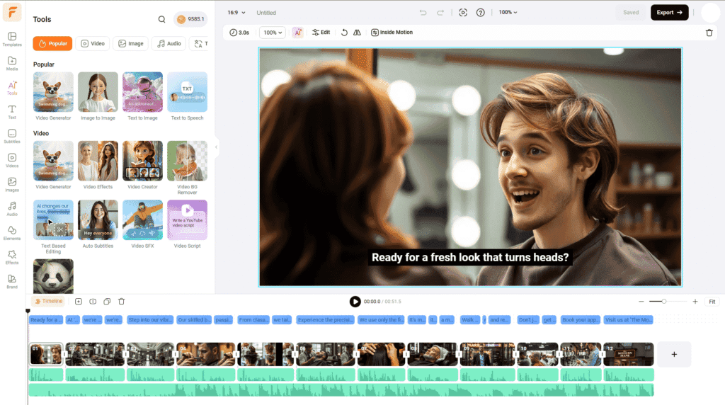 FlexClip video editor showing AI-generated scenes arranged in timeline
