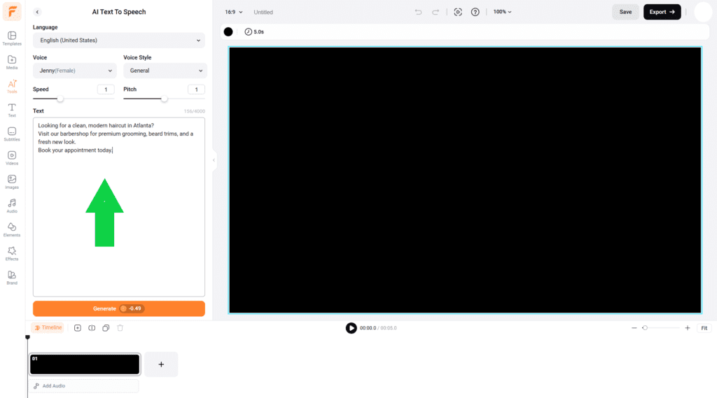 FlexClip AI voice generator showing multiple voice options and script input field