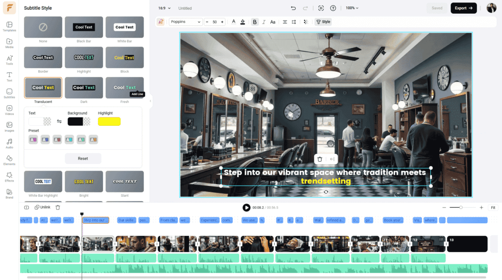 Styled subtitles visible on video preview using FlexClip subtitle editor