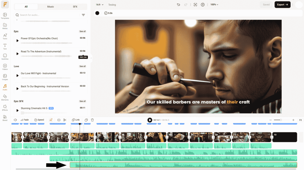 FlexClip audio editor showing volume normalization and multi-track editing