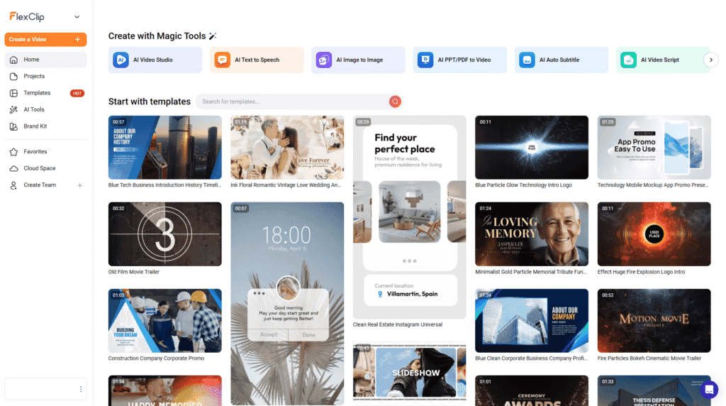 FlexClip dashboard with Brand Kit panel open showing logo, colors, and fonts setup
