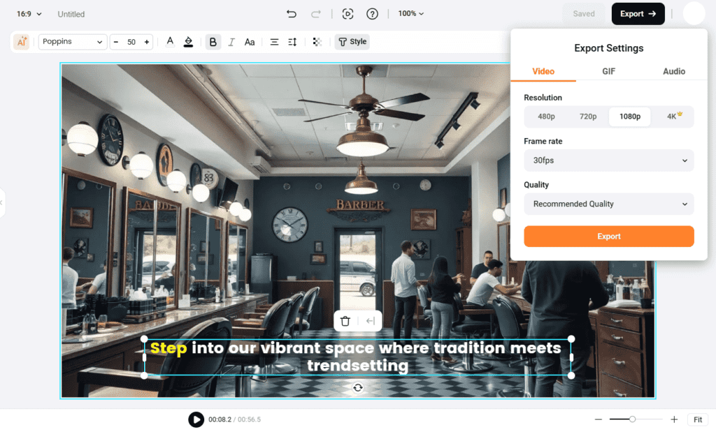 FlexClip export settings showing video resolution options like 480p and 720p