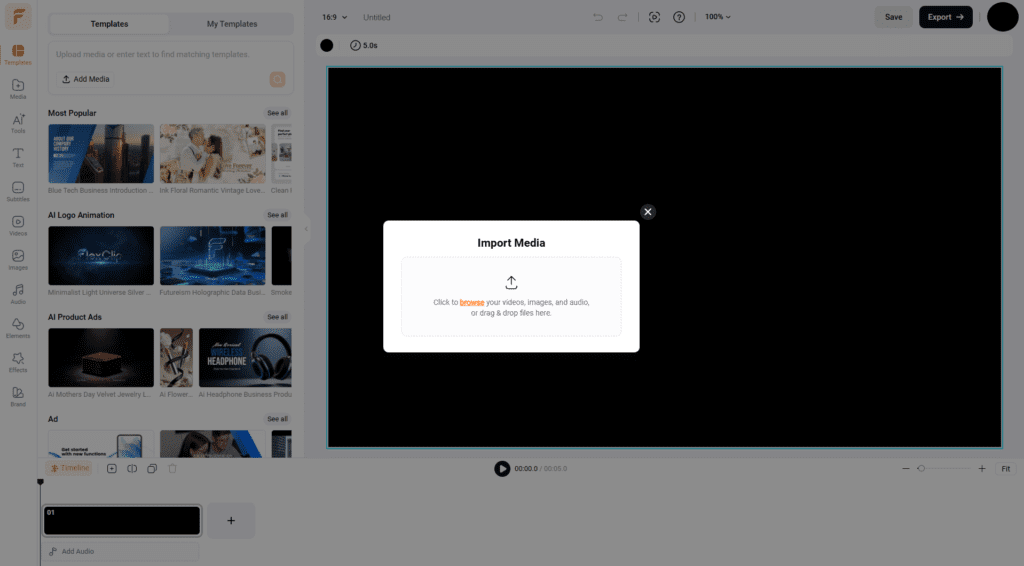 FlexClip media upload panel showing image upload option for slideshow creation