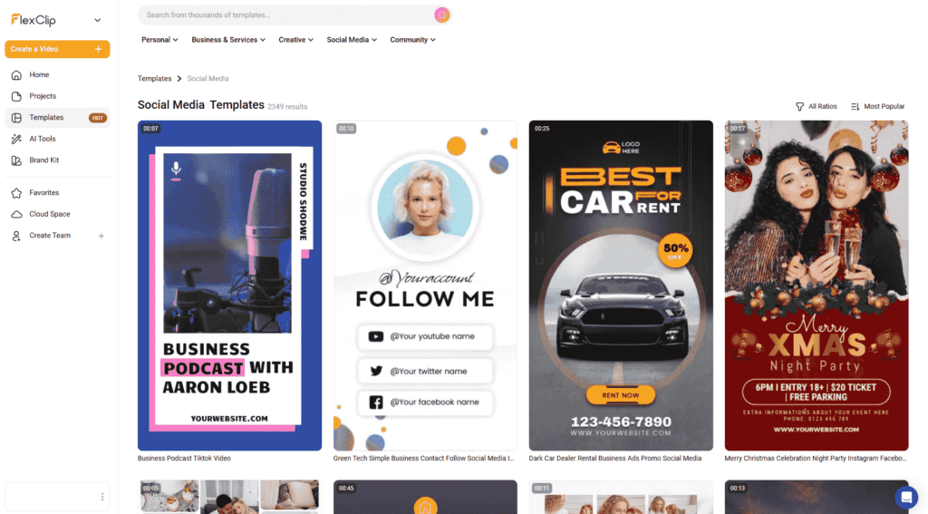 FlexClip AI social media post generator with topic and platform selection