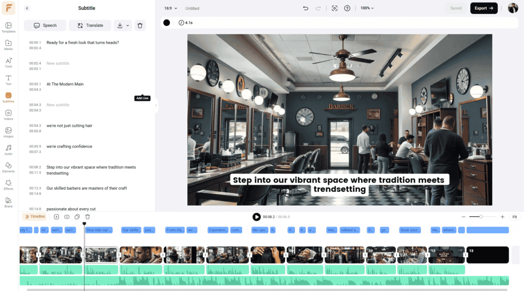 FlexClip auto subtitle generator showing caption text blocks in timeline