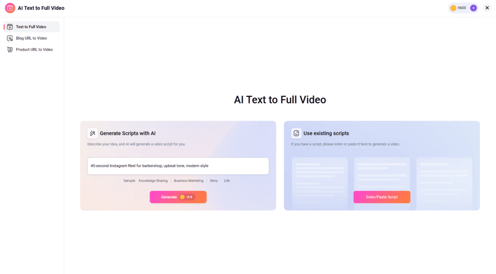 FlexClip AI text to video prompt interface with style and aspect ratio options