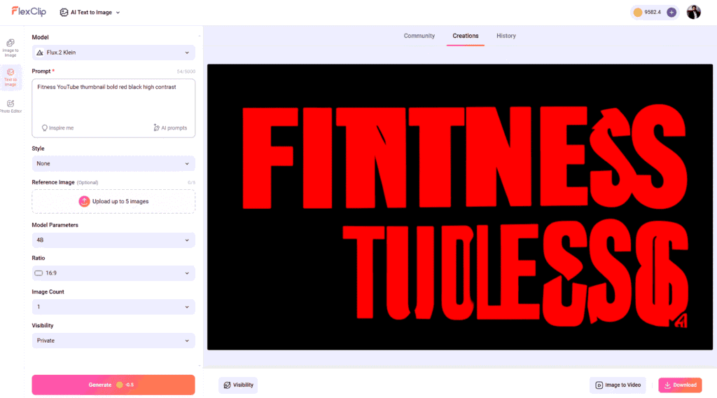 FlexClip AI YouTube thumbnail generator showing multiple layout suggestions
