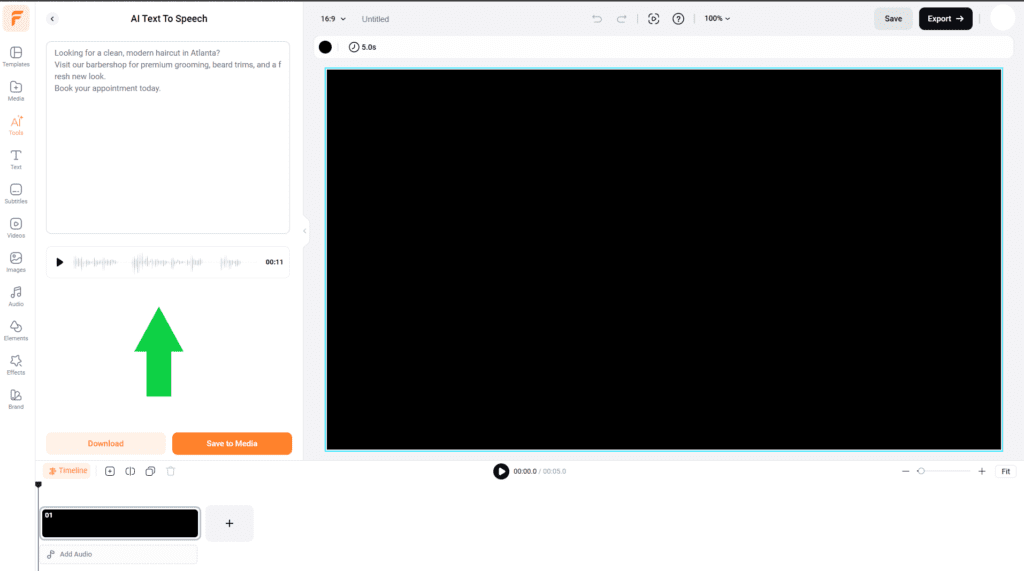 AI-generated voiceover waveform synced with video timeline in FlexClip
