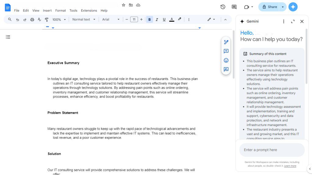 Gemini summarizing legal document in Google Docs