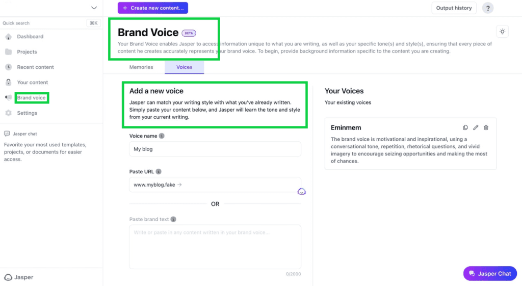 Jasper AI brand voice setup interface and content modes