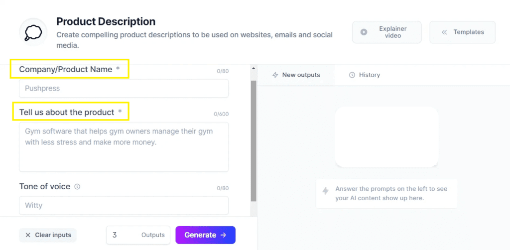 Jasper AI ecommerce template showing product description generation interface