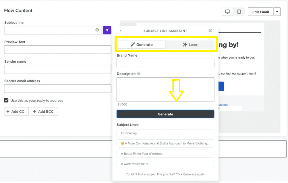Klaviyo AI subject line prediction interface showing score comparison