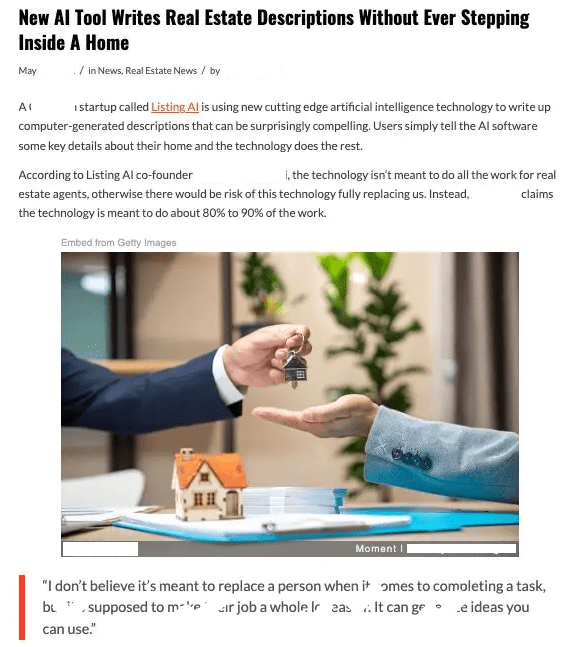 AI-generated real estate listing description editor interface