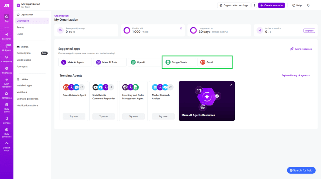 Make scenario builder showing multi step automation workflow