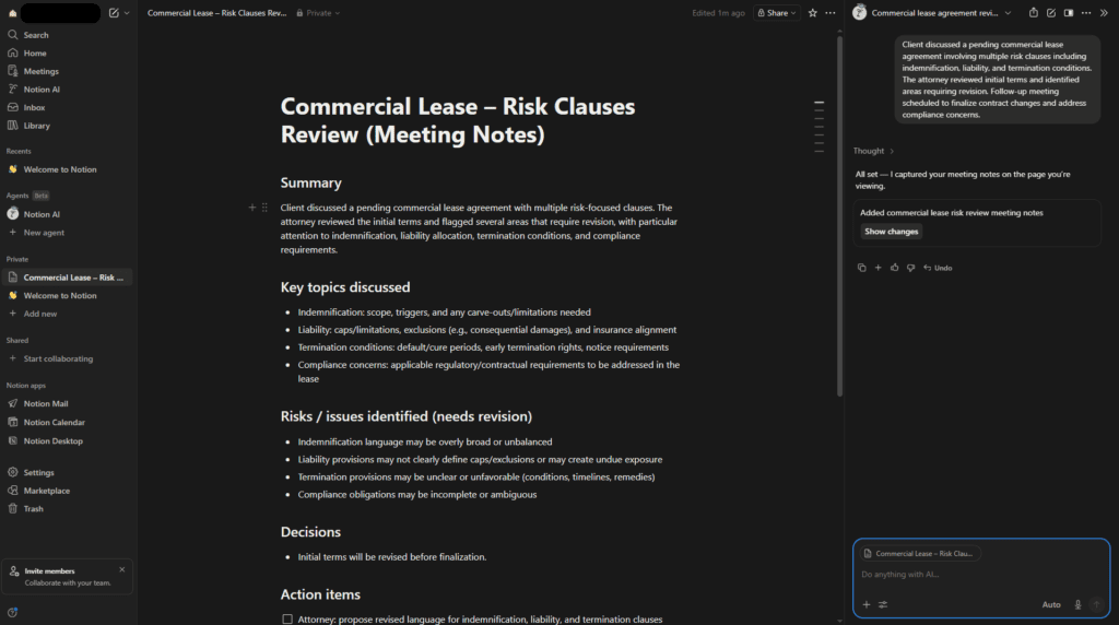 Notion AI generating meeting summary