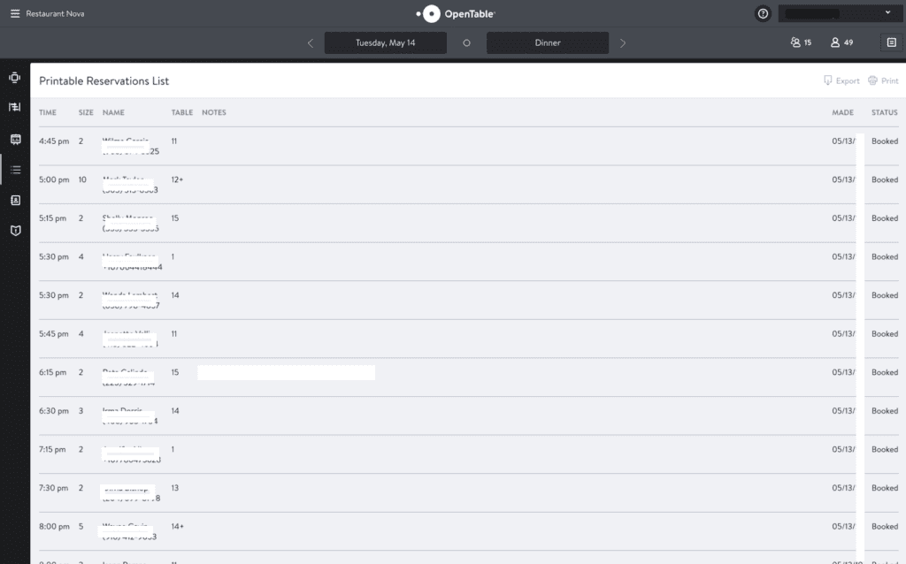 OpenTable AI reservation dashboard with analytics
