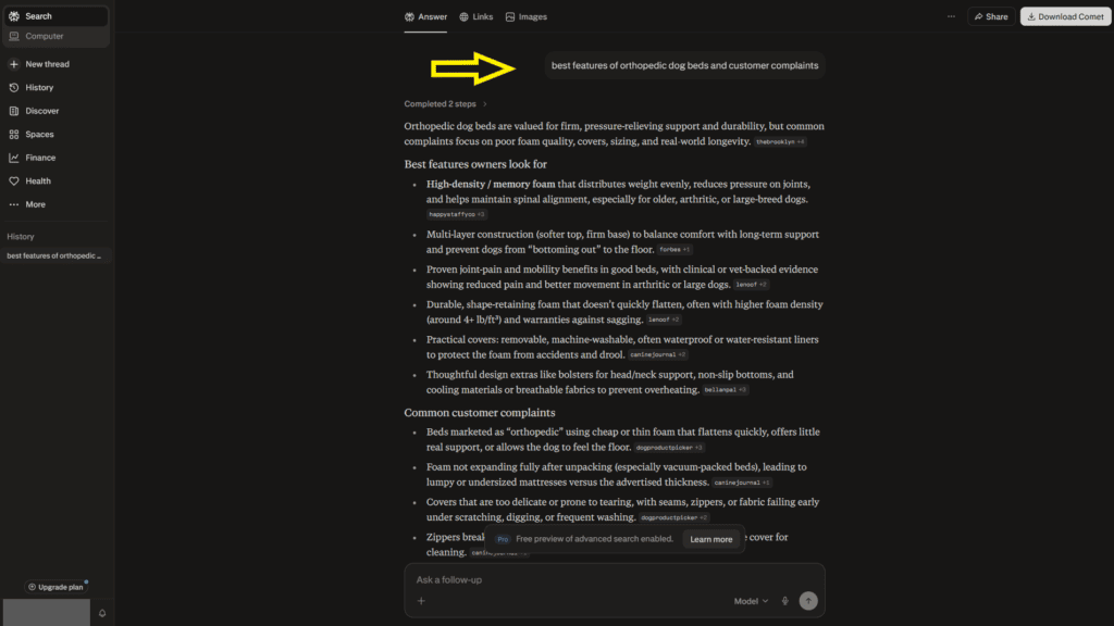 Perplexity AI product research results with sources