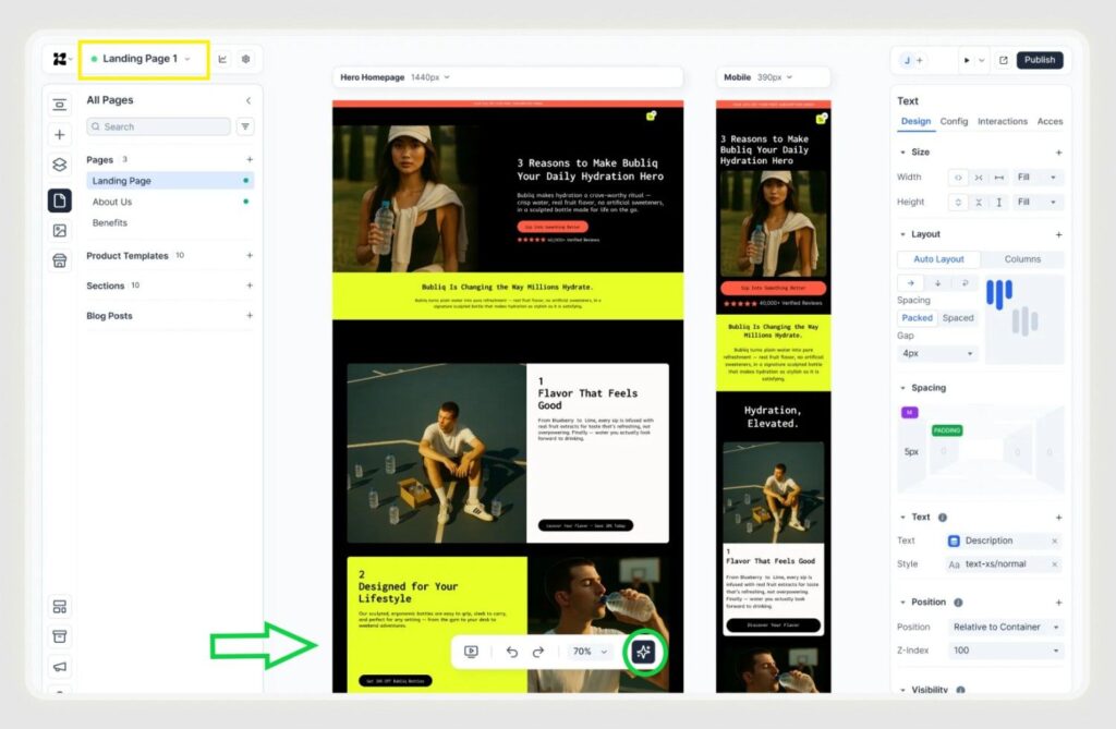 Replo AI page builder interface showing layout suggestions and copy tools