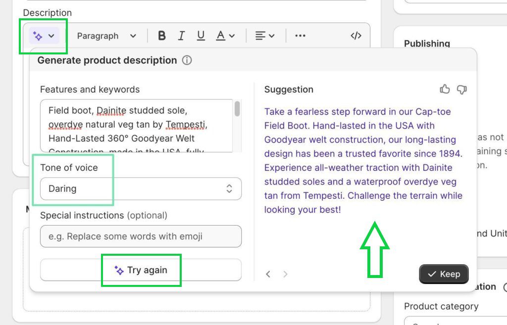 Shopify Magic AI product description generator interface showing generated text for product with sparkle icon