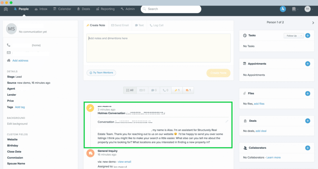 AI chatbot conversation with real estate lead qualification