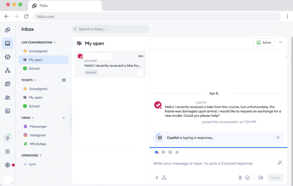 Tidio AI chatbot dashboard overview