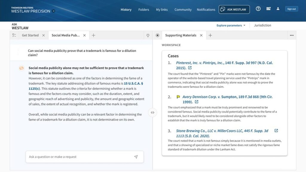 Westlaw AI legal research interface