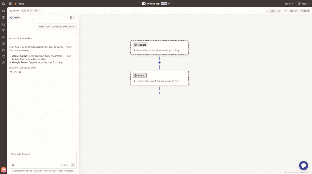 Zapier AI Zap builder with plain language automation input