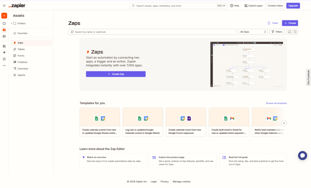 Active Zap dashboard showing automations running