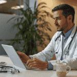 AI tools for doctors shown as a physician reviewing AI-generated clinical notes on a tablet in a modern USA medical office