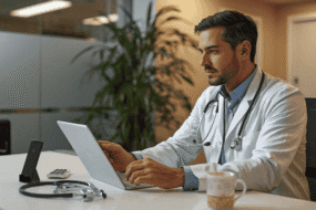 AI tools for doctors shown as a physician reviewing AI-generated clinical notes on a tablet in a modern USA medical office
