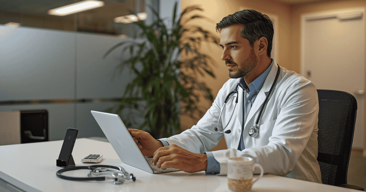 AI tools for doctors shown as a physician reviewing AI-generated clinical notes on a tablet in a modern USA medical office