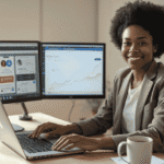 Freelancer using best AI tools in 2026 on a laptop in a modern USA home office