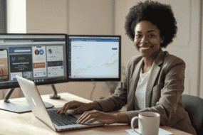 Freelancer using best AI tools in 2026 on a laptop in a modern USA home office